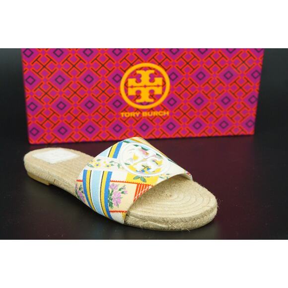 Tory Burch Benton Espadrille Slide Sandals Size 5.5 Multi Band $255 Logo - Picture 1 of 11